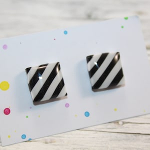 Black and white stud earrings, black striped stud earrings,black post earrings, tiny black stud earrings, square earrings, striped studs