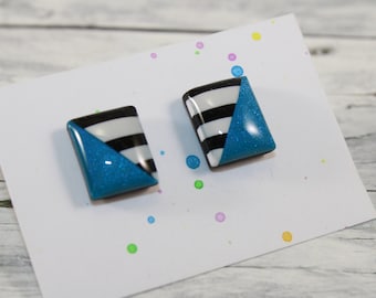 Blue stud earrings with black and white stripes, blue glitter black stud earrings, birthday gift