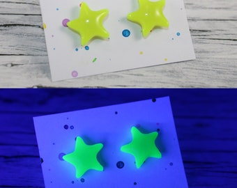 Neon yellow star stud earrings, UV yellow star earstuds, neon yellow star studs