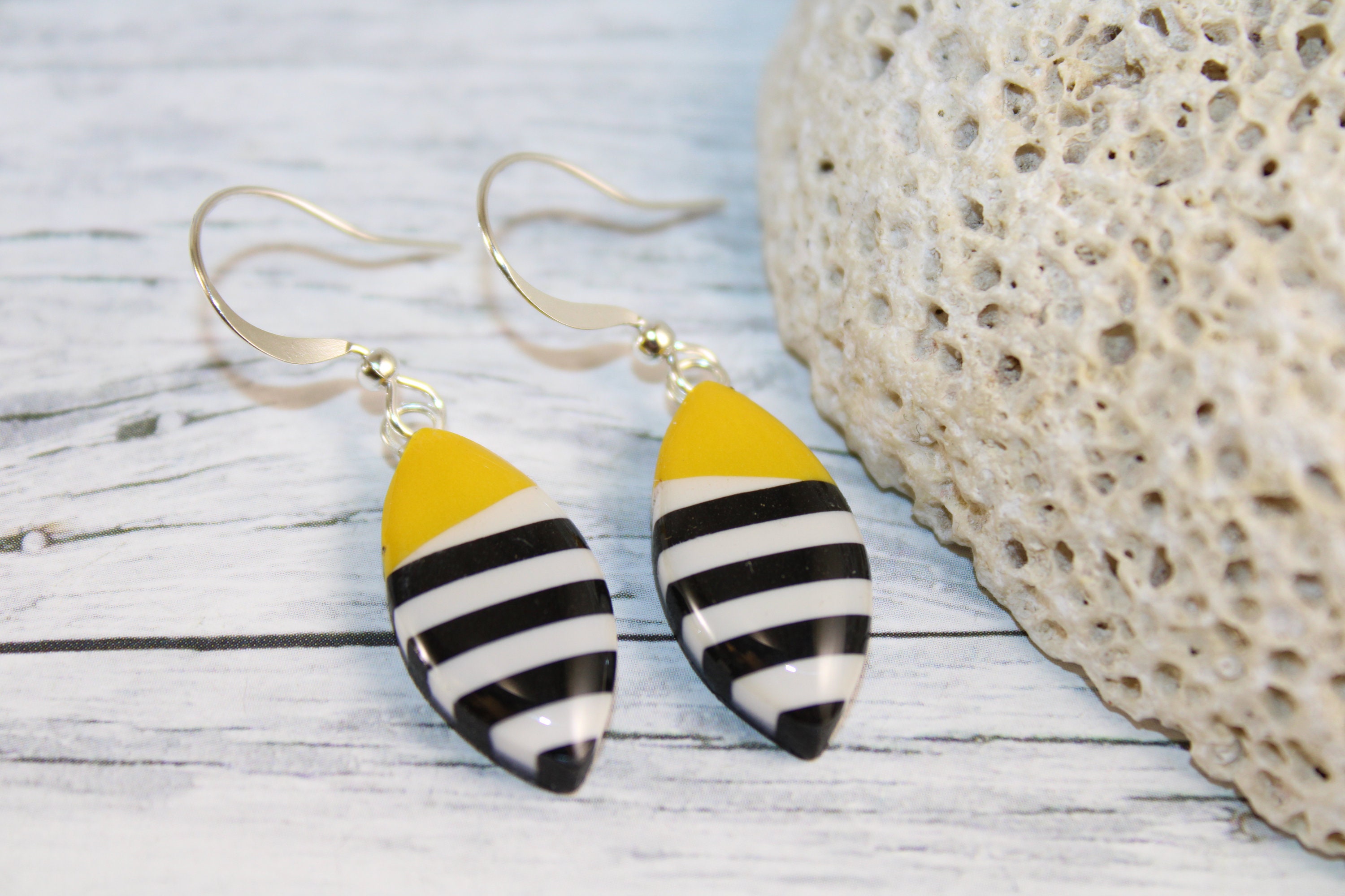 Yellow Black Earrings Yellow Black White Striped Earrings Tiny