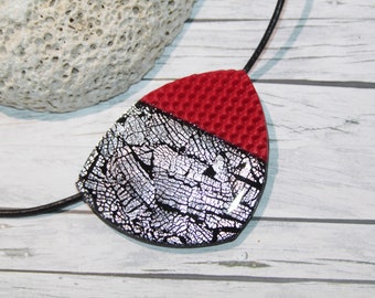 Statement necklace, silver necklace red glitter necklace, black pendant, silver pendant, red pendant, elegant necklace