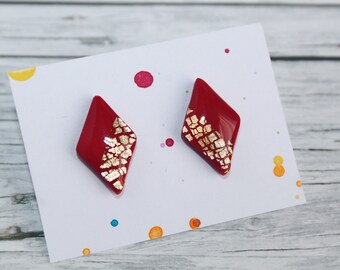 Red stud earrings, gold stud earrings, red suds, gold studs, tiny studs, rhombus studs, gold earrings, square studs, red gold stud earrings