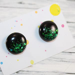 Black green glitter stud earrings, black green studs, green glitter post earrings,tiny black stud earrings, dot earrings