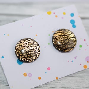 Black stud earrings, black glitter studs, black sparkly stud earrings, gold black glitter stud earrings, black shiny earstuds