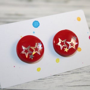 Red star stud earrings, black star stud earrings, tiny red star stud earrings, red stud earrings, small red star studs