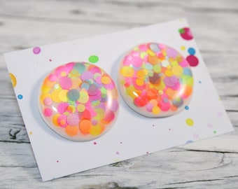 Neon Polka Dot Stud Earrings: Polymer Clay Resin Earrings
