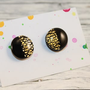 Black stud earrings, black glitter stud earrings, black sparkly studs, gold black glitter studs, black glitter earstuds