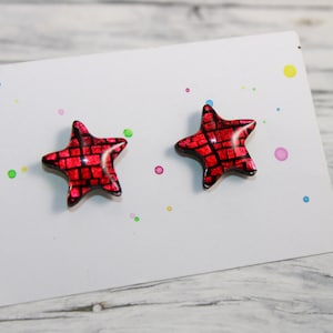Red Star Stud Earrings: Polymer Clay, Resin Coated