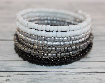Black and white glass beads memory wire bracelet
