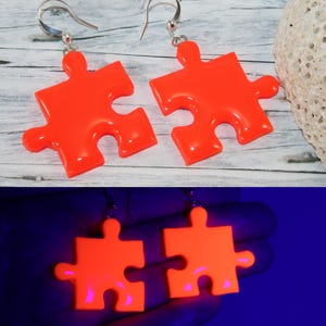 neon jigsaw puzzle earrings, neon orange earrings, neon orange puzzle earrings, neon friendship earrings, best friends gift,