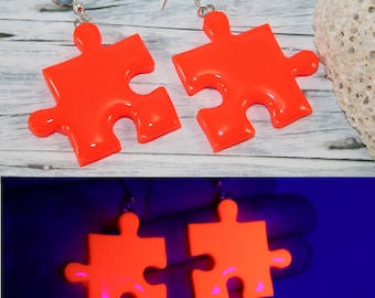 neon jigsaw puzzle earrings, neon orange earrings, neon orange puzzle earrings, neon friendship earrings, best friends gift,