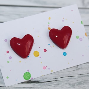 Red Polymer Clay Heart Stud Earrings: Lightweight Love Studs
