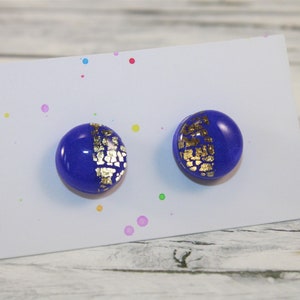 Royal Blue Stud Earrings: Gold Leaf Polymer Clay Resin