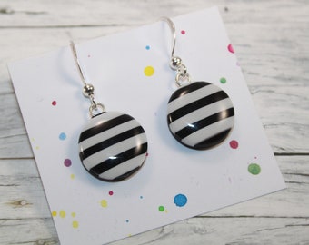 Black earrings, black white striped earrings, tiny black earrings, black white drop earrings, small black dangle earrings