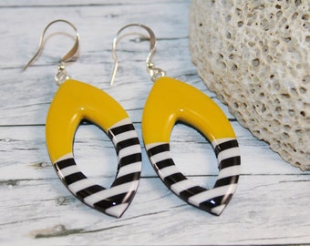 Yellow black earrings, yellow black dangle earrings, yellow black big earrings, yellow black and white earrings