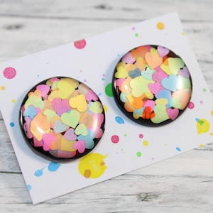 Neon Heart Stud Earrings: Polymer Clay, Resin Coated, 2cm