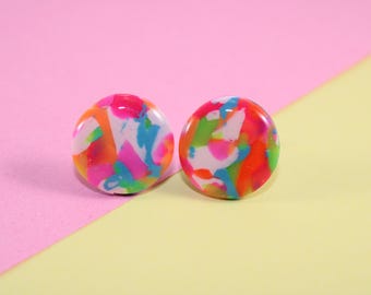 Bright neon vibrant earrings,funky eye catching jewelry, unique birthday gift, colorblock circe earrings, jewelry for everyday or work