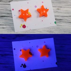 Neon orange star stud earrings, UV orange star earstuds, neon orange star studs