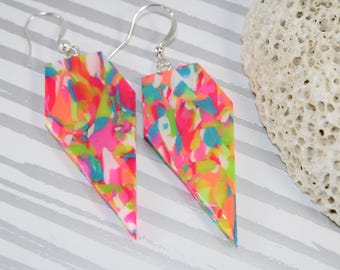 Neon Polymer Clay Dangle Earrings: Resin Coated Statement Jewelry