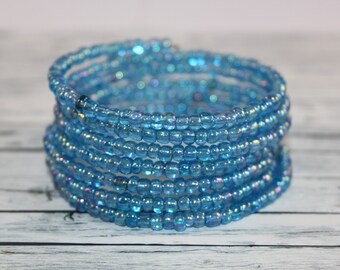 Transparent ocean blue glass beads memory wire bracelet