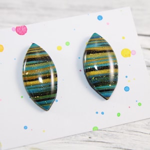 Blue Polymer Clay Stud Earrings: Gold Accent - Lightweight