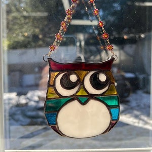 Stained glass adorable handmade rainbow owl sun catcher Free Shipping