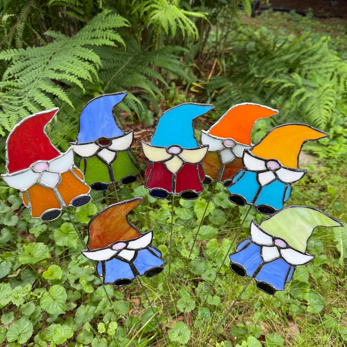 Stained Glass Garden Gnomes on Stakes! Adorable - Durable - Colorful - Handmade FREE SHIPPING - Etsy