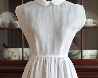 Vintage 1950s Ivory Organdy Pinafore - Mid Century Peter Pan Collar Fit and Flare Dress Overlay