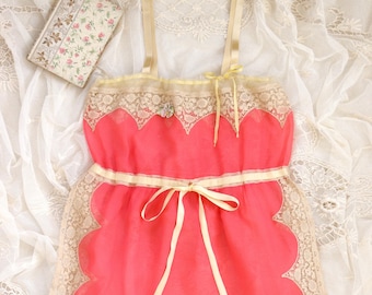 Antique 1920s Coral Silk Chiffon Teddy, Scalloped Lace Lingerie