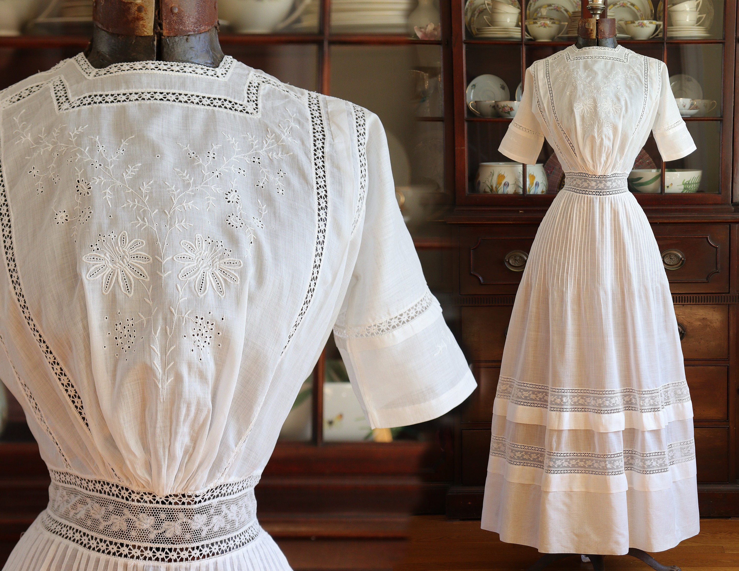 1900s Hand Embroidery Lawn Linen Dress