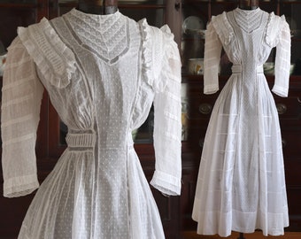 Antique Edwardian 1900s 1910s Swiss Dot Lawn Dress - Vintage Cotton Lingerie Gown with Lace and Netting Inserts Pin Tuck Stripe Details