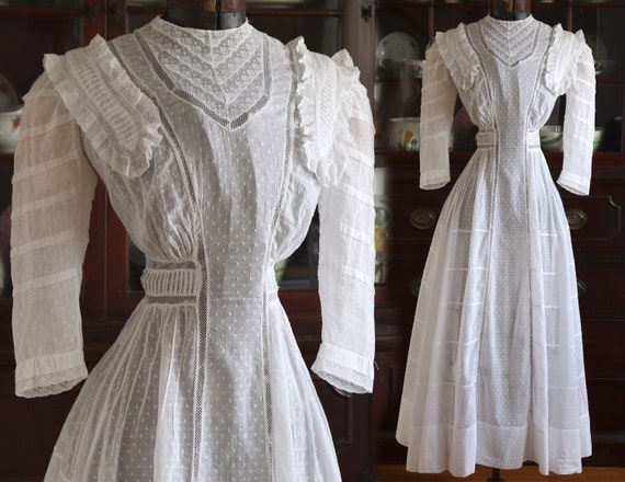 Antique Edwardian 1900s 1910s Swiss Dot Lawn Dres… - image 1