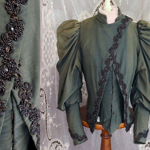 Hold for Morgan - Antique Victorian 1890s Gothic Style Gigot Sleeve Bodice with Jet Beading - Vintage 1800s Puff Sleeve Forest Green Jacket