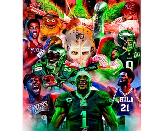 May include: A colourful digital art print featuring a collage of Philadelphia sports team logos and players, including the Eagles, Sixers, Flyers, Phillies, and the mascot, the Phillie Phanatic. The text "It's a Philly thing" is included in the design. The print has a green, red, and black colour scheme.