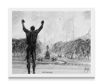 May include: A black and white pencil drawing of a man with his arms raised in the air, standing in front of a city skyline. The man is wearing boxing gloves and shorts. The city skyline is in the background, with tall buildings and trees.