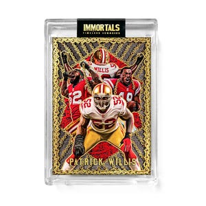 May include: A gold and red trading card featuring a collage of three football players in San Francisco 49ers uniforms. The card has the text "Immortals Timeless Legacies" and "Patrick Willis" on it.