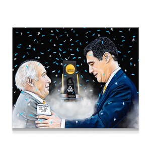 May include: A black and white illustration of two men, one older and one younger, standing next to each other. The older man is wearing a blue suit and a yellow tie. The younger man is wearing a blue suit and a yellow tie. They are both holding a trophy that says "NCAA Men's Division I Basketball National Championship". The background is black with blue confetti.