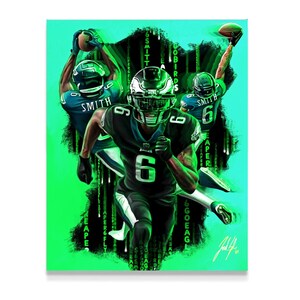 Puede incluir: Una ilustración digital de un jugador de fútbol americano con un uniforme verde y negro con el número 6 en la parte delantera. El jugador corre con el balón. El fondo es un diseño abstracto verde y negro con las palabras "GOBIRDS", "SMITH", "PERGFLY", "LEAPE", "GGOEAG" y "REA" repetidas en un patrón vertical.