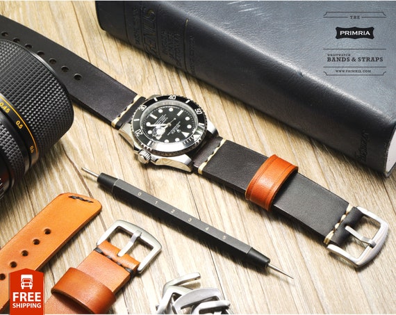 21mm Black Classic Vintage Leather Watch Band