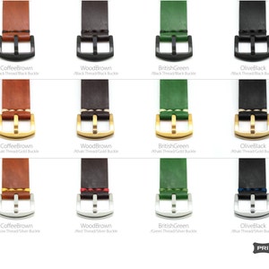 May include: A set of 12 leather watch straps in various colors and buckle finishes. The straps are shown in three different buckle styles: black, gold, and silver. Each strap has a different colored thread stitching.