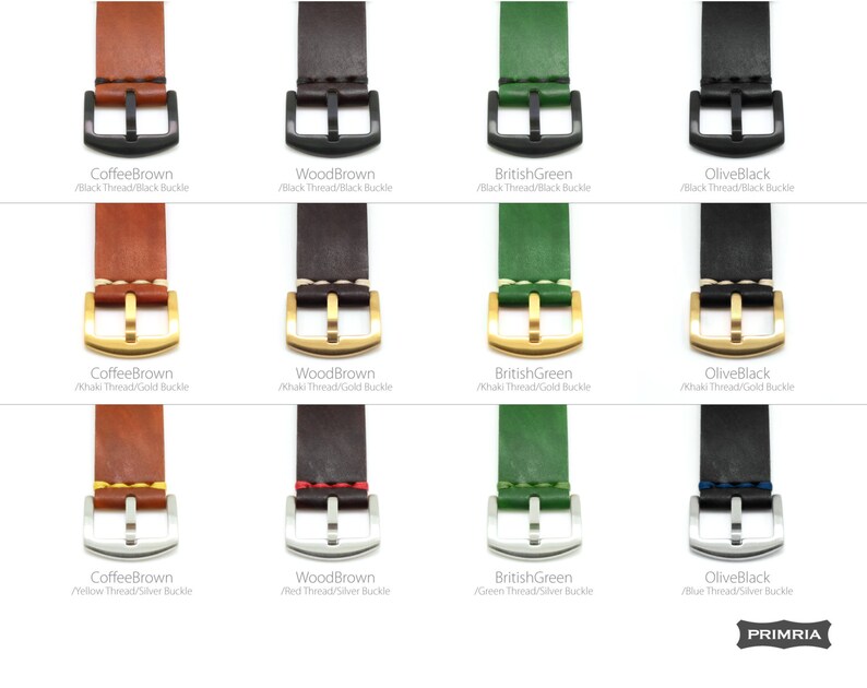 May include: A set of 12 leather watch straps in various colors and buckle finishes. The straps are shown in three different buckle styles: black, gold, and silver. Each strap has a different colored thread stitching.