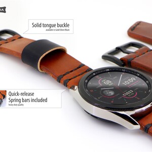 May include: Brown leather watch band with black stitching and a solid tongue buckle. The band is compatible with smartwatches with quick-release spring bars. The buckle is available in gold, silver, or black.