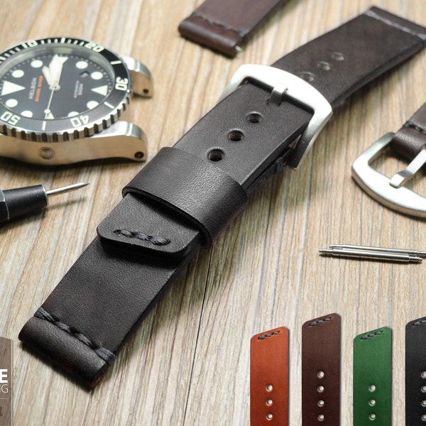 Olive Black Leather Watch Band | Handcrafted Leather 20mm 22mm 24mm | Leather Watch Strap Women or Men | Leather Gift