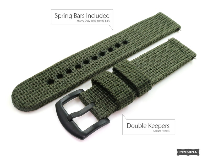 May include: A green nylon watch strap with black hardware. The strap has double keepers and includes spring bars. The strap is labeled "Spring Bars Included" and "Double Keepers".