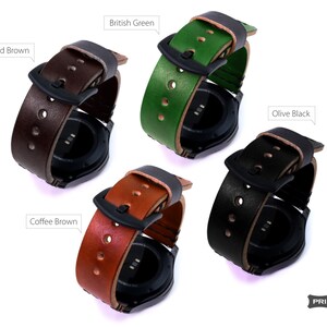 May include: Four leather watch bands in different colors: wood brown, coffee brown, British green, and olive black. The bands are shown on a black smartwatch.