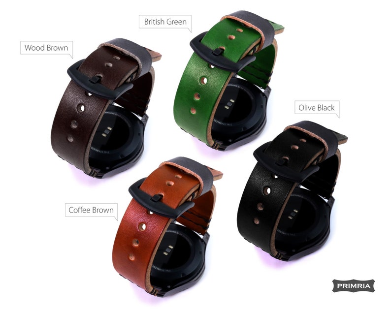 May include: Four leather watch bands in different colors: wood brown, coffee brown, British green, and olive black. The bands are shown on a black smartwatch.