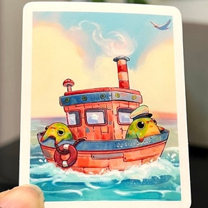 May include: A red and blue toy boat with a white smokestack and a life preserver. Two green and yellow cartoon birds are on the boat. The boat is on a blue and green ocean with white waves. The text "So Silly Goose" is on the side of the boat.