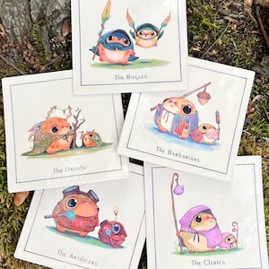 May include: Five square cards with illustrations of cartoon animals. Each card has a different animal and a title. The titles are "The Rogues", "The Barbarians", "The Druids", "The Artificers", and "The Clerics".