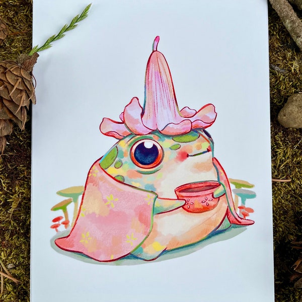 Cozy Frog Art Print | Original Wall Hanging | Cute Frog Art | Cozy Flower Frog | Comfy Frog