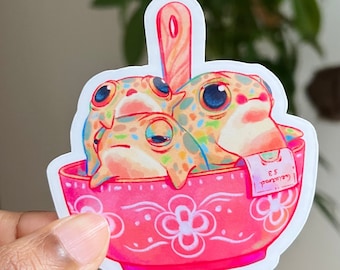 GelaToad Frog Sticker | Vinyl Water Resistant Sticker | Cute Sticker | Frogs in a Bowl Sticker | Not for eating
